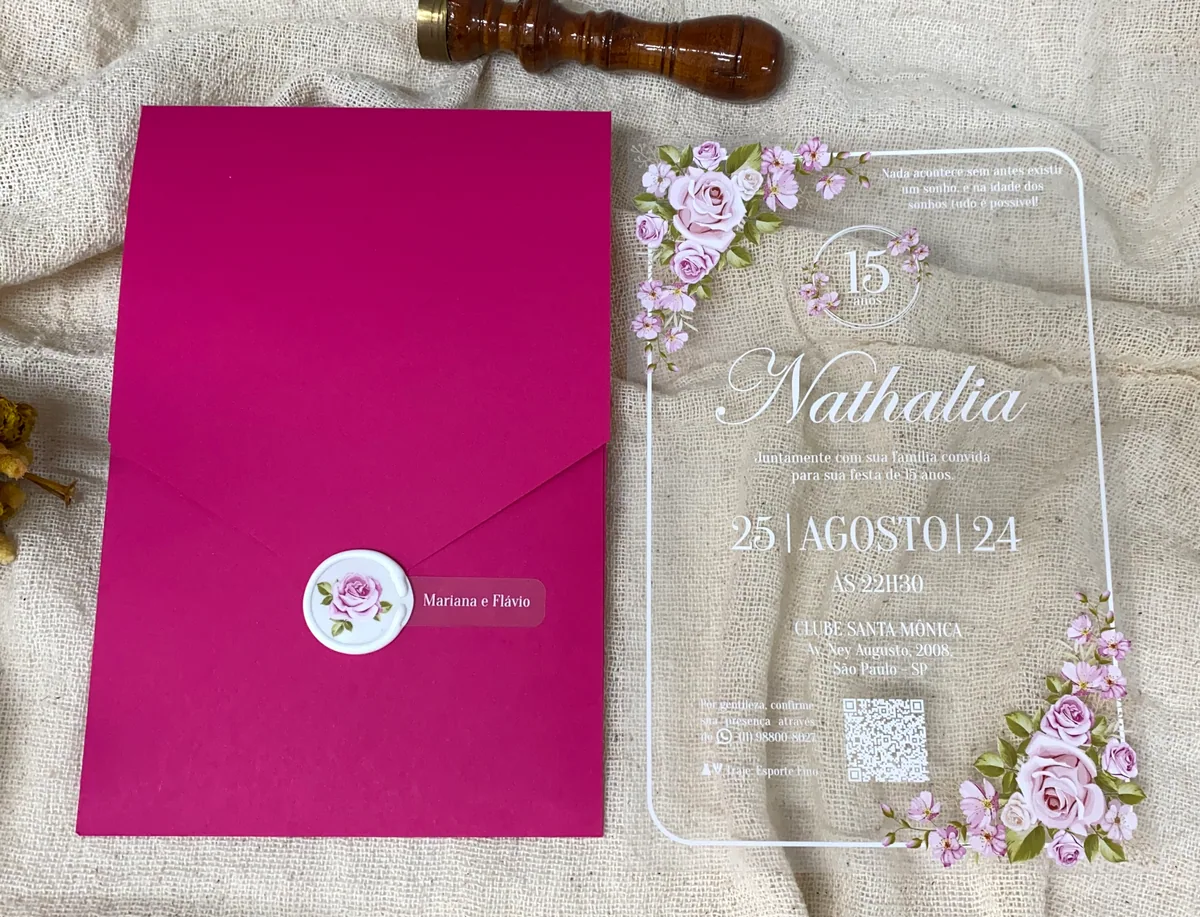 Convite Rosas Envelope Pink e Lacre de Cera